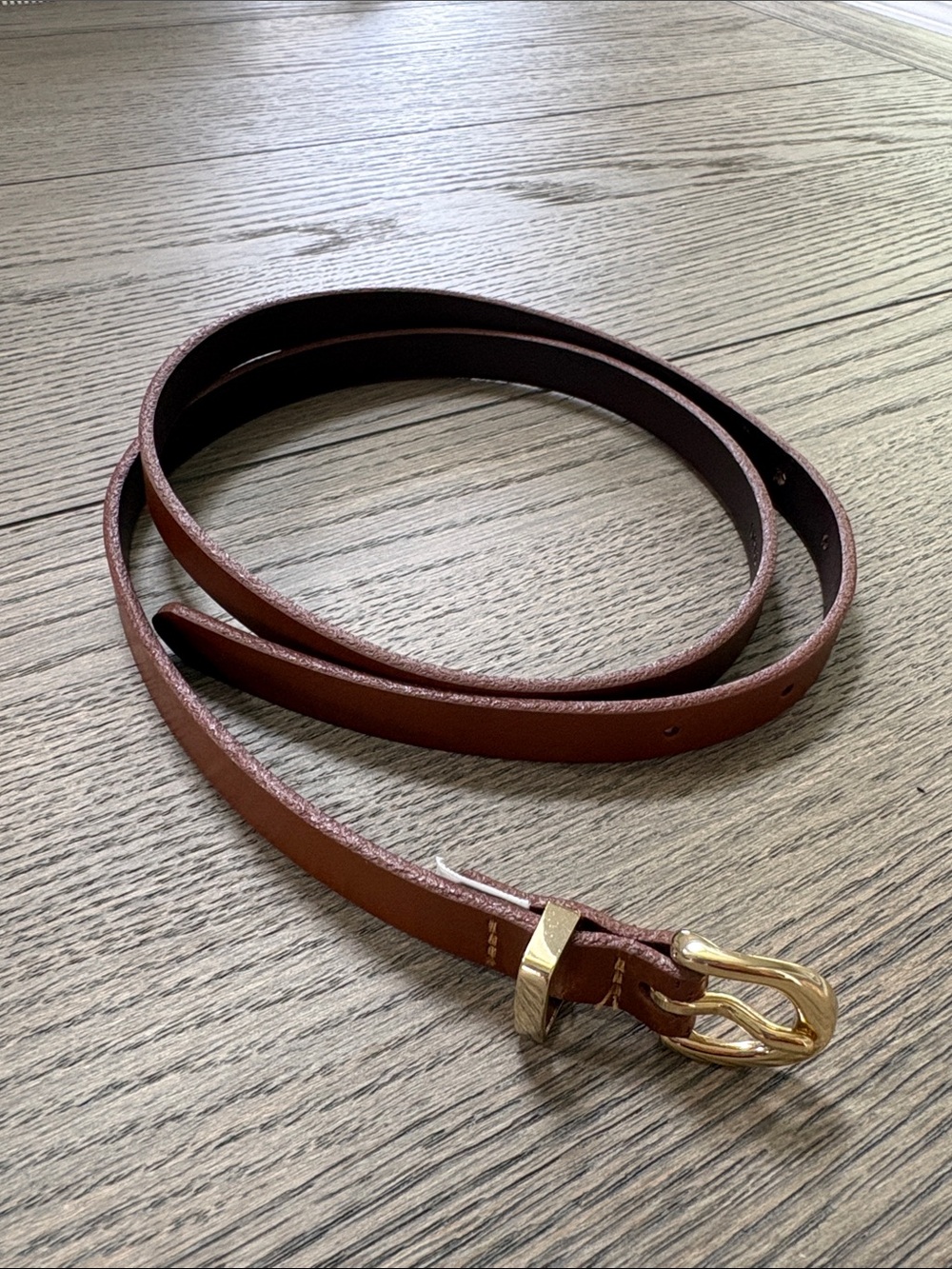 J. Crew NWOT Slim Brown Leather Belt with Gold Buckle, small